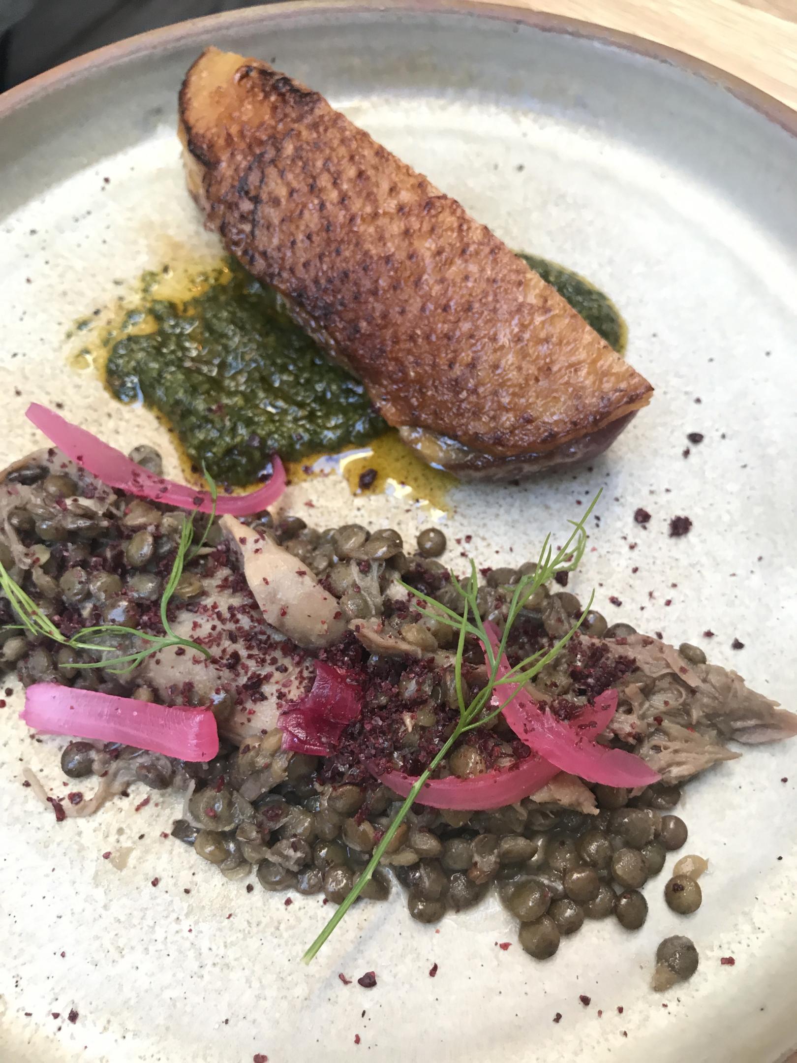 Rosa stegt and på en bund af pesto med grønne linser og andestykker smagt til med kardemomme og kanel